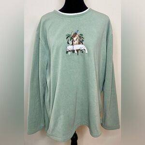 Vintage 90’s Y2K cute Sage Green embroidered Cat and bird fleece pullover XL